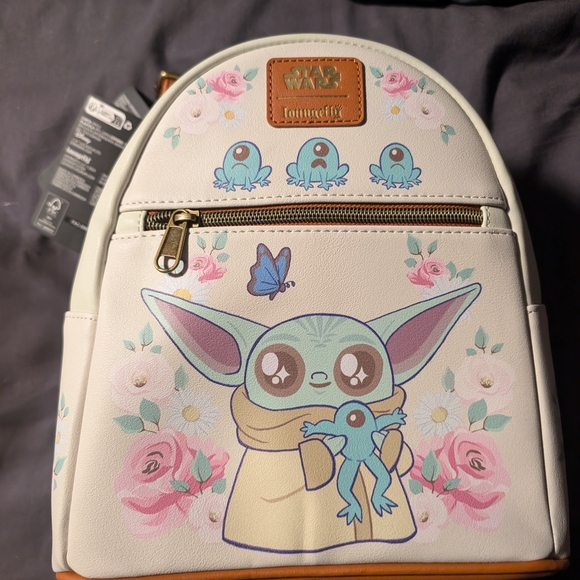 Loungefly Handbags - Loungefly Cream Backpack with Baby Yoda and Floral Design